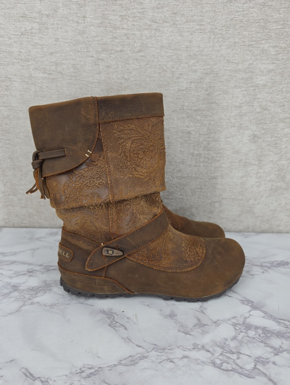 Merrell Haven Pull-On Boot Women's Size 7.5 Brown Leather Tassel Fringe Tooled